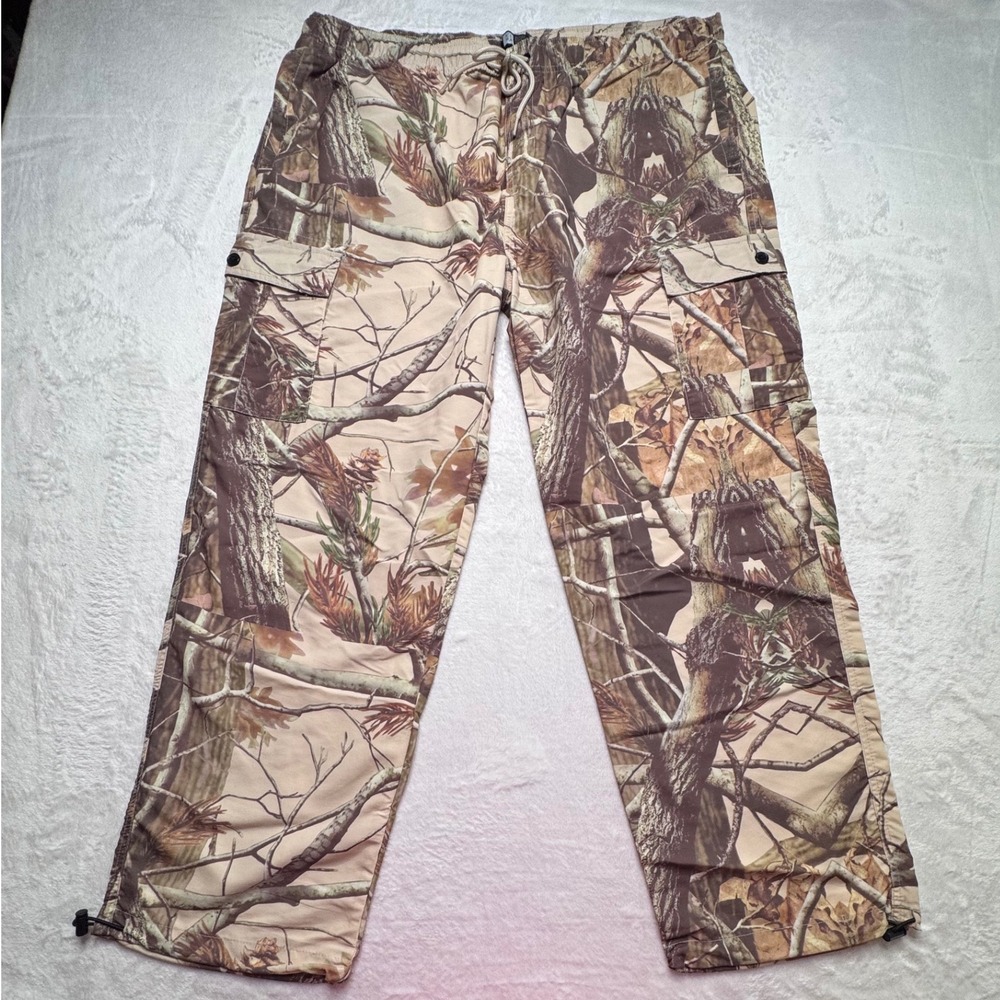 Men's 2XL Beige Tree Camo Nylon Cargo Pants Baggy Outdoor Cinch Hem Streetwear